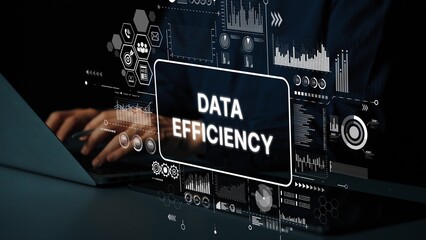 Data Efficiency Concept with Digital Graphics and Hands on Laptop Working in Modern Office...