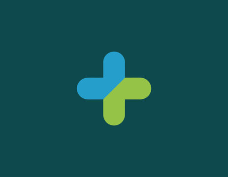 A creative dual-colored plus sign logo, featuring patterns in blue and green hues, representing addition, health, and positivity, ideal for healthcare and wellness.