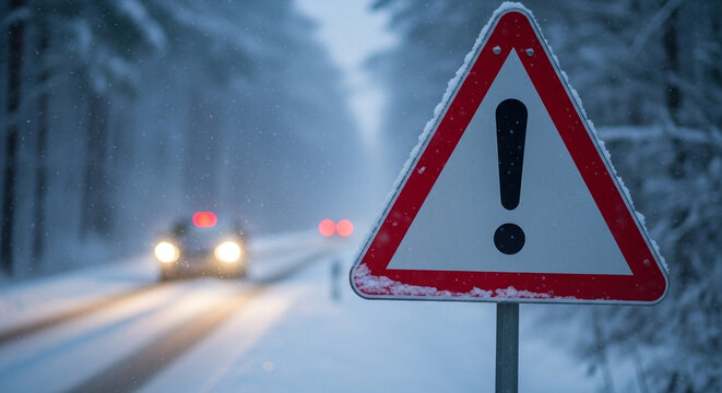 Cautionary warning sign stands starkly against a snow-covered winter road with headlights approaching