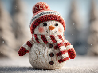 Animated Frosty the Snowman, anthropomorphic, red beanie with pompoms, striped mittens white, orange, yellow, green, scarf, large smile, three teeth, small eyes, carrot nose, simple m - AI-Generated