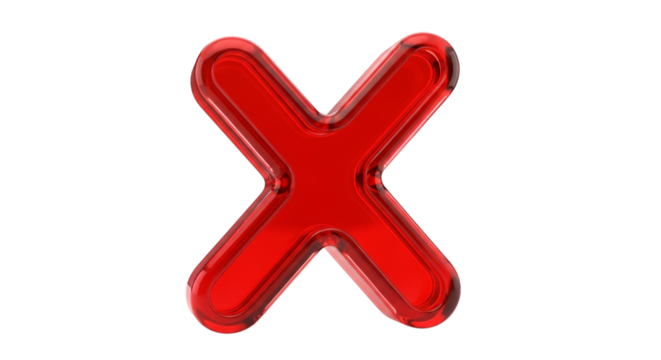 Vibrant red glass X mark isolated on a black background, perfect for design elements conveying rejection, error, or negative concepts, offering a clean aesthetic. isolated on PNG backgrounds