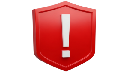 Warning symbol on red shield represents alert, security, and protection, perfect for technology, cybersecurity, and risk management concepts isolated on PNG backgrounds