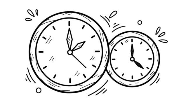 Conceptual sketch of two clocks representing time management, deadlines, and productivity, perfect for business, planning, and project timelines isolated on PNG backgrounds