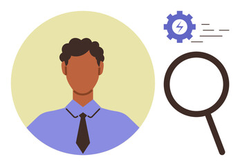 Portrait of a male professional in business attire, magnifying glass and gear with lightning bolt indicating efficiency. Ideal for recruitment, analysis, HR, business strategy, career development