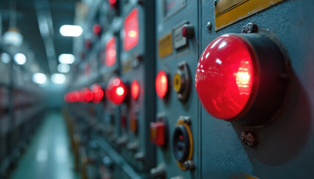 Industrial control panel with red warning lights. Bright indicators flash on a complex system board. Emergency alarm signals critical tech process monitoring in factory or manufacturing facility.