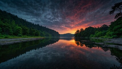 Calm sunset in nature captured in hidden places of the world showcasing peaceful scenery, warm light, and tranquil atmosphere through scenic composition and natural beauty