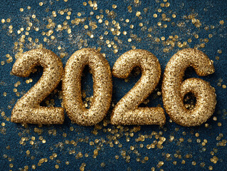 Glittering Happy New Year 2026 inscription against a dark backdrop, featuring large 3D-rendered golden numbers with a light source behind, casting shadows and creating depth - AI-Generated