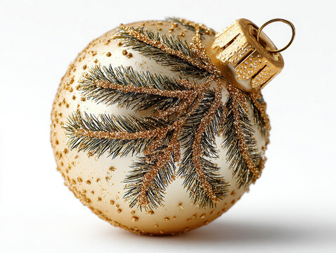 Spherical, shiny metallic Christmas ornament with abstract pine tree pattern, golden bell top, gold sequins or beads Neutral light-colored background Even lighting, indoor setting - AI-Generated - Powered by Adobe