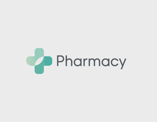 A clean and modern pharmacy logo with a green cross and leaf motif, representing health, wellness, and trustworthy pharmaceutical services in a vibrant visual style.