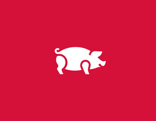 A whimsical pig logo depicted in white against a vibrant red background, symbolizing fun and playfulness. Ideal for food-related branding or creative ventures.