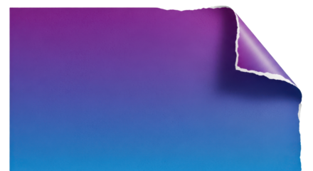 Gradient paper transitioning from purple to blue with a triangular torn corner, smooth matte texture, soft paper grain, realistic lighting, isolated on transparent background