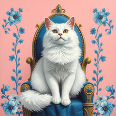 White cat on a blue throne 