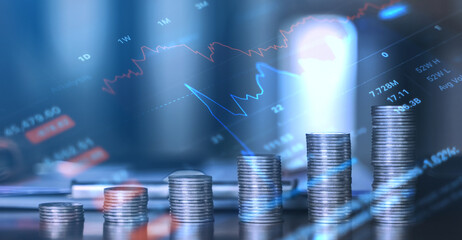 Several stacks of coins with floating financial charts, symbolizing investment growth, savings, and...