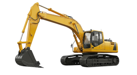 Powerful yellow excavator ready for heavy construction work, a symbol of industrial strength and earthmoving prowess, ideal for infrastructure projects and engineering visualizations