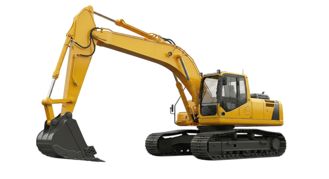 Powerful yellow excavator ready for heavy construction work, a symbol of industrial strength and earthmoving prowess, ideal for infrastructure projects and engineering visualizations