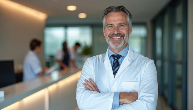 Smiling confident male doctor with grey hair, beard stands with arms crossed in modern hospital reception. Experienced physician welcomes patients at health clinic. Medical pro provides quality