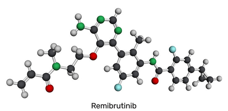 Remibrutinib molecule. Bruton's tyrosine kinase (BTK) inhibitor used to treat chronic spontaneous urticaria. Molecular model. 3D rendering. Illustration