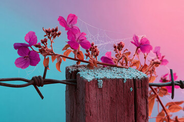 Pink flowers with green leaves on a red fence, covered in blue powder and spider webs against a pink to teal gradient background