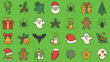 Christmas and Easter seamless pattern with festive rabbits, snowman, gifts, and holiday decorations green background