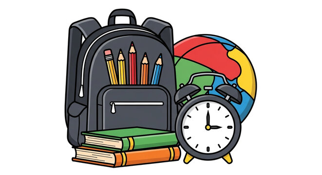 Back to school supplies with backpack books clock and art supplies