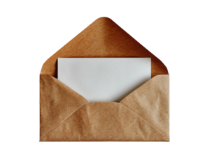 Open brown envelope with blank white card insert, dark background