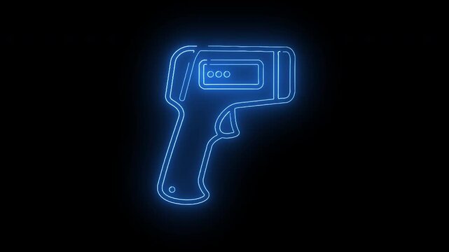 Neon blue glowing animation of barcode scanner or handheld device for reading digital product codes in retail and logistics