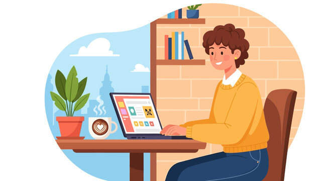 Young professional working efficiently on a laptop from a comfortable home office, engaged in remote tasks, online learning, freelance business, or creative digital projects