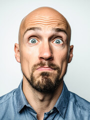 Stunning, high-impact studio portrait of a perplexed or surprised bald man in a blue denim shirt. His eyes are wide, brow furrowed, conveying intense emotion, uncertainty, or shock.