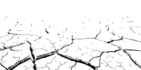Black and white cracked dry soil texture background. Abstract drought land pattern symbolizing arid earth, climate change, desertification, and environmental crisis for texture and design use.
