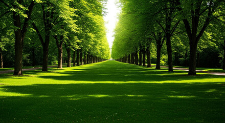 Sunlight streaming through a lush green tree lined park path
