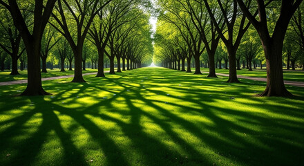 Sunlight filtering through a tree lined park avenue casting long shadows