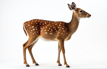 Spotted deer standing isolated on white background. Brown deer with white spots has alert posture. Deer has perked up ears and turned head. Young deer is standing alone.