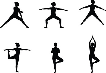 Yoga poses silhouette, black figure exercise, wellness posture collection, meditation balance, fitness routine, body strength, flexibility, calm mind, health