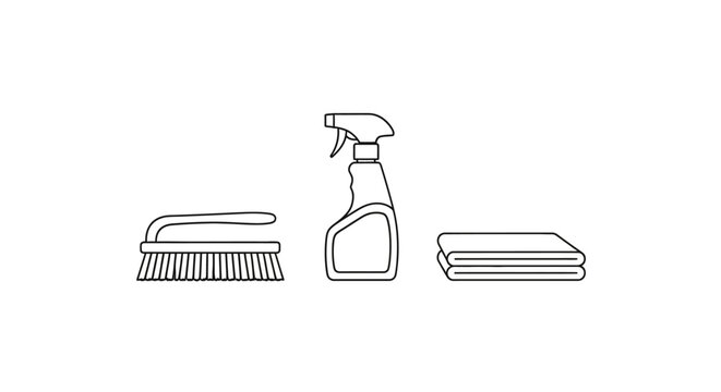 Cleaning supplies including brush, spray bottle, and towels  