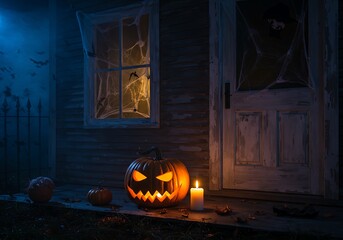Spooky Halloween night scene with a glowing jack-o'-lantern, candle, and skeleton in a cobweb-covered window of an old house.
