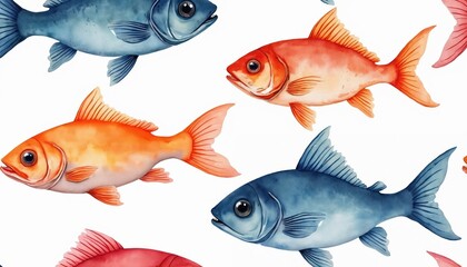 Fototapeta premium Watercolor illustration of orange and blue fish swim together. Simple fish pattern repeats across white background. Aquatic animals have hand painted look and feel, great for kids designs.