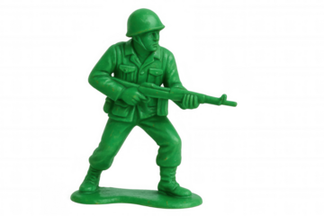 Green plastic toy soldier figurine holding rifle, representing military defense and childhood games on transparent background