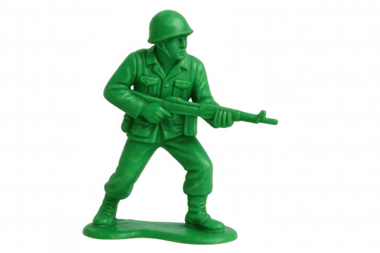 Green plastic toy soldier figurine holding rifle, representing military defense and childhood games on transparent background - Powered by Adobe