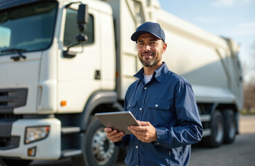 Obraz premium Man with tablet near garbage truck. He wears blue uniform and cap. Digital tech in waste logistics. Pro managing fleet operations. Clean industry workflow.