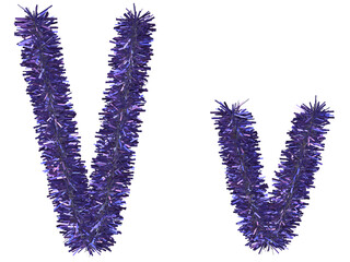 Shiny purple tinsel in letter V. 3d rendering.