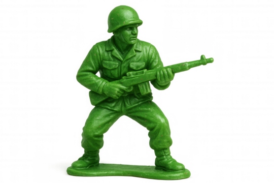 Green plastic toy soldier figurine holding a rifle, representing childhood, war games, training, and military play