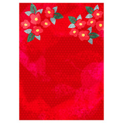 赤地に椿の水彩風背景素材イラスト