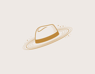 This unique graphic depicts a stylish hat encircling a ringed planet, blending playful elements with cosmic themes, perfect for creative branding and design.