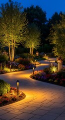 Illuminated Garden Path at Night - Serene Outdoor Lighting.