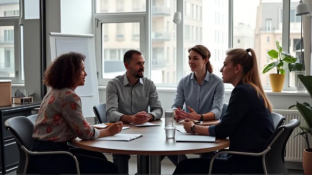 Diverse business team collaborating at a round table, brainstorming ideas in a modern office space