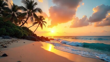 Tranquil Sunset Beach Scene Palm Trees Swaying Gently as Calm Waves Lap Golden Sands