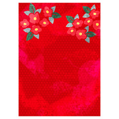 赤地に椿の水彩風背景素材イラスト