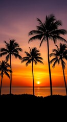 Naklejka premium Tropical Sunset Silhouette - Palm Trees Against a Vibrant Sky.