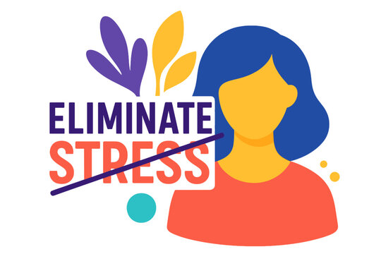 Colorful illustration of a woman promoting stress elimination