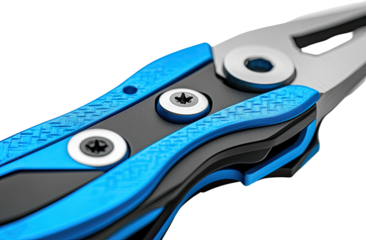 Close-up of pliers with bright blue accents on a black handle